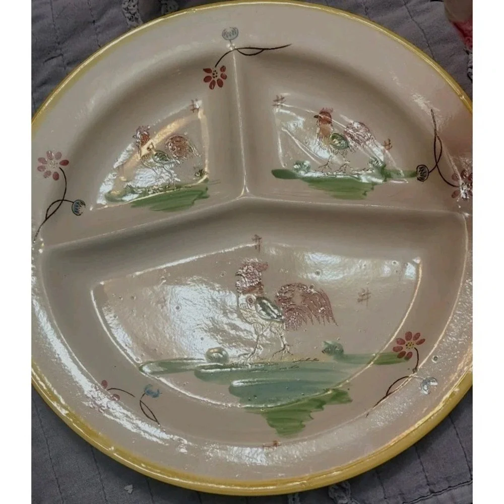 Antique Vtg Japan Porcelain Rooster Luncheon Plate Divided Sections Cottagecore